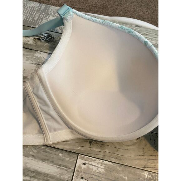 Lane Bryant Cacique light blue plaid print boost plunge underwire bra 44DD - Picture 5 of 7